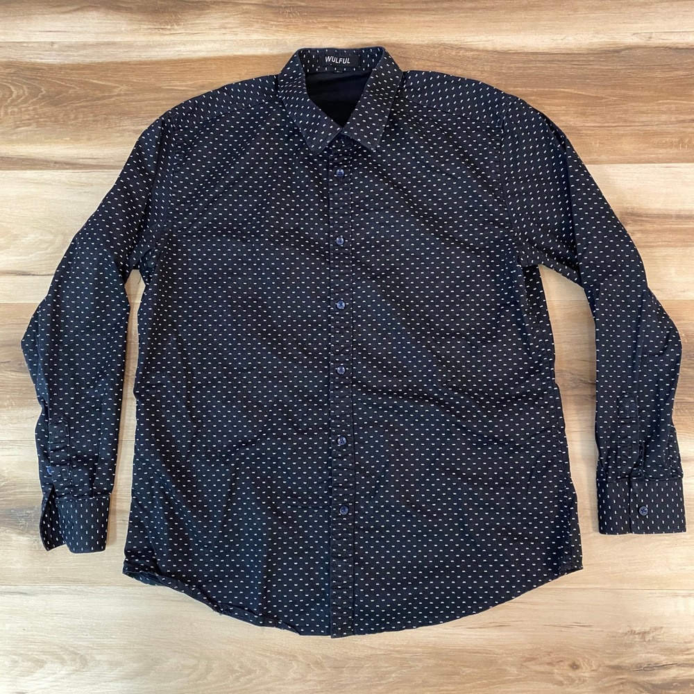 Wulful Shirt Mens Large Black White Geometric Print Long Sleeve Button Up Cotton